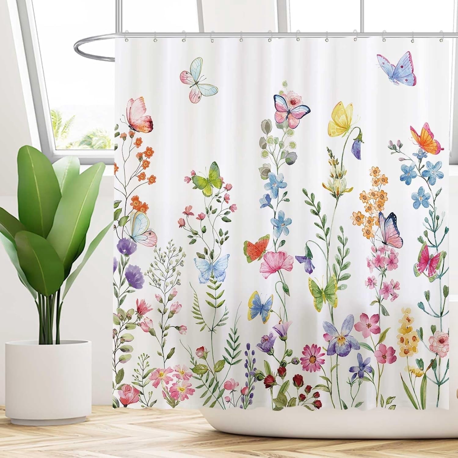 Purple Floral Shower Curtain, Farm Watercolor Flower Leaves And Butterfly On Country Wooden Curtain Bathroom Rustic Farmhous Waterproof Fabric 12pcs Hooks 70