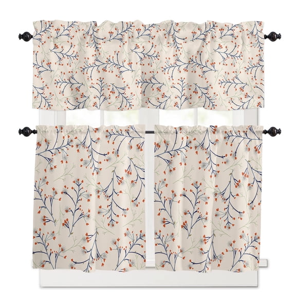 Floral Plants Kitchen Curtains Valances and Tiers Set of 3, Plant 24 Inch Length Tier Curtains and Valance Rod Pocket Valance Curtains Set for Kitchen Bathroom Small Windows