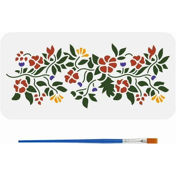 Floral Plants Painting Stencil with Paint Brush 11.8x5.9inch Reusable Floral Border Stencil for DIY