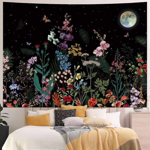 Floral Plants Tapestry Galaxy Moon Tapestries Vintage Boho Flower Butterfly Tapestries Black Starry Sky Nature Landscape Tapestry Wall Hanging for Bedroom 30x40inch