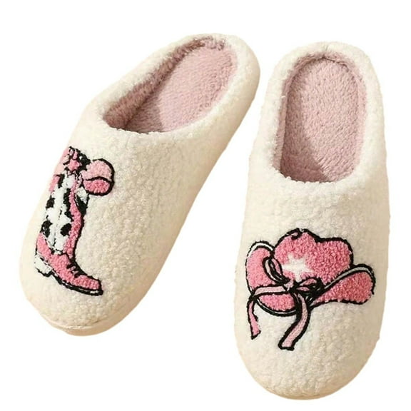 Floral Plush Bootie Slippers, Warm Indoor House Shoes for Women Men