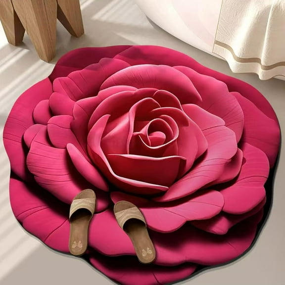 Floral Plush & Diatomaceous Earth Floor Mat, 3D Flower Design Floor Mat, Realistic Pattern Non-Slip Absorbent Mat for Bedroom, Kitchen, Living Room Red S