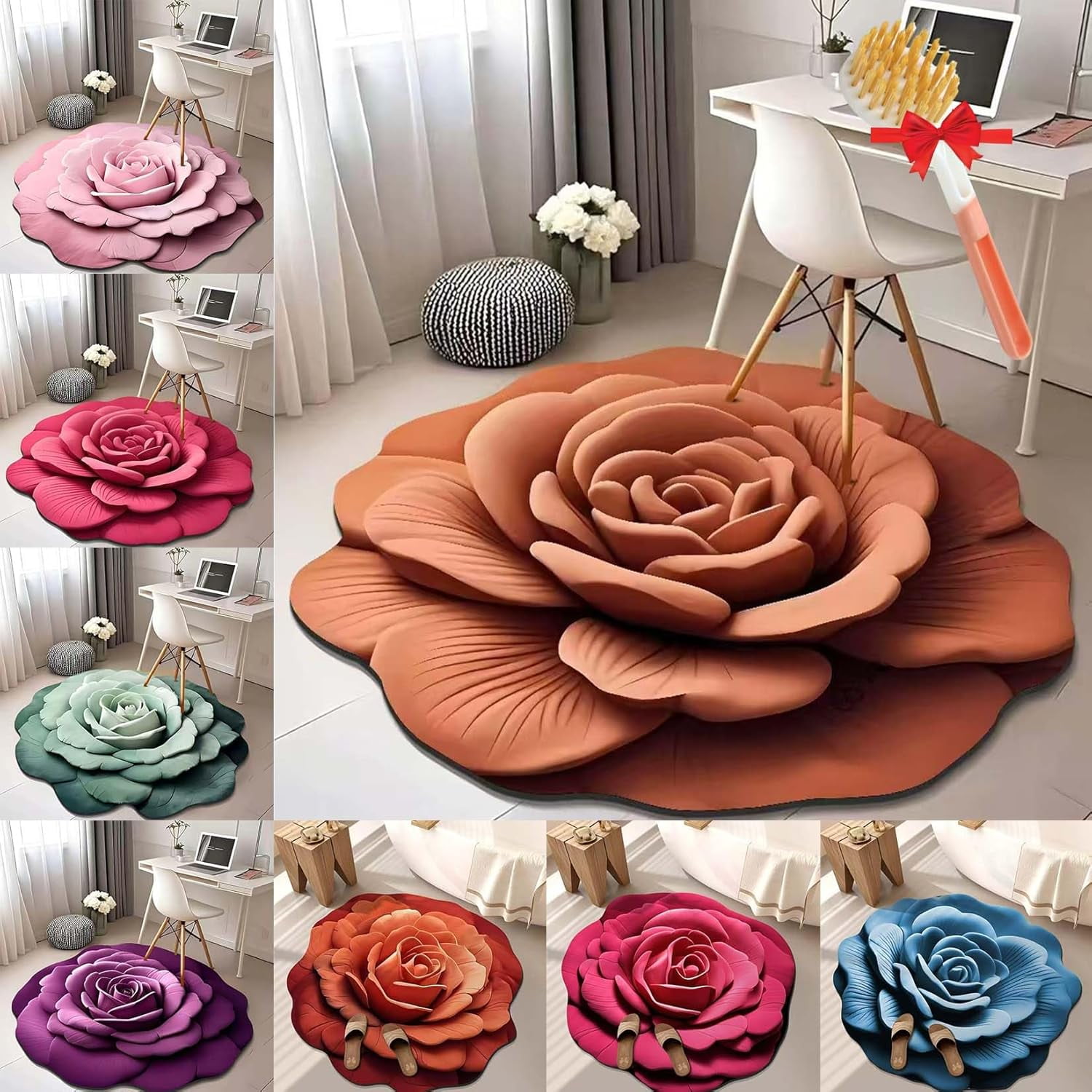 Floral Plush & Diatomaceous Earth Floor Mat, 3D Realistic Flower ...