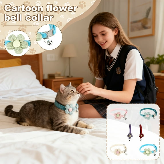 Floral Plush Pet Collar With Bell, Adjustable Soft Velvet Collar for Cats and Small Dog, Stylish Pet Accessory With Safety Buckle.