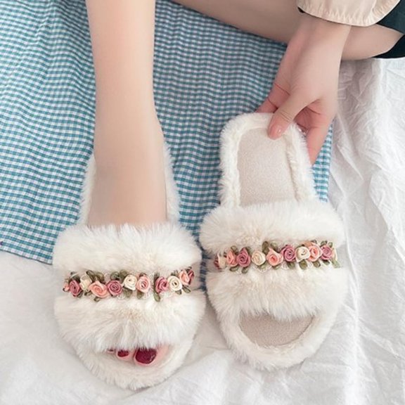 Floral Plush Slippers For Women Comfortable Slides Flat Indoor - Sandals Home Slipper White