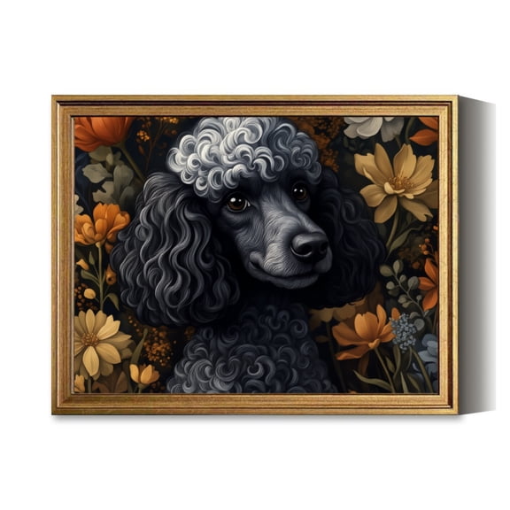 Floral Poodle Portrait Art Vintage Gold Framed Wall Art Decor Retro Canvas Paintings for Living RoomBedroom