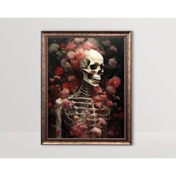 Floral Portrait, Gothic Flower Skull Poster, Moody Dark, Vintage Cottagecore Goth Wall Art Botanical Sugar Skull Decor UNFRAMED Poster, Wall Art for Decor, Present, 8x12