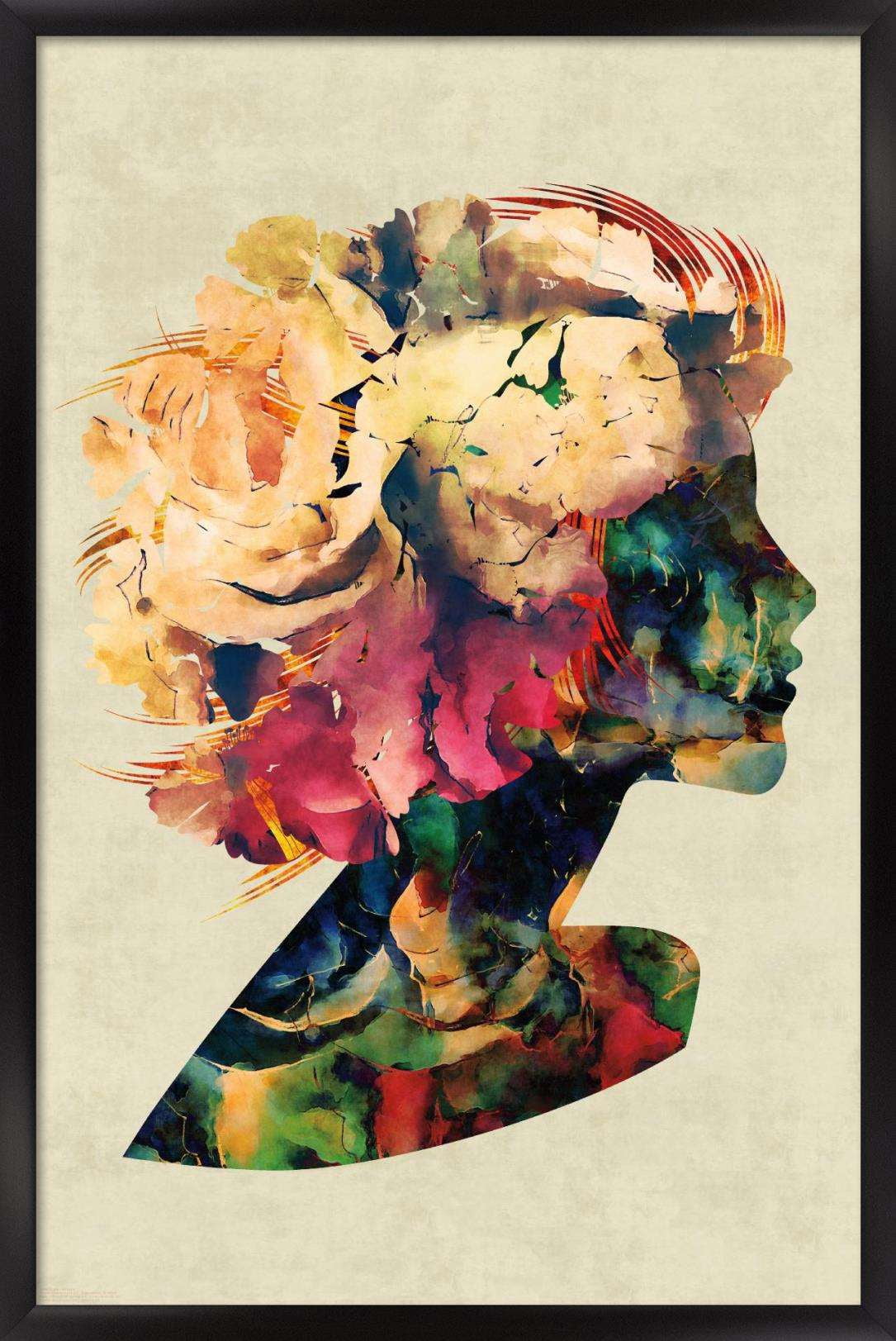 Floral Portrait of Woman Wall Poster, 14.725" x 22.375", Framed