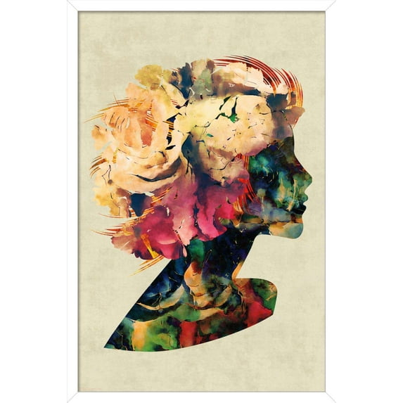 Floral Portrait of Woman Wall Poster, 14.725" x 22.375", Framed