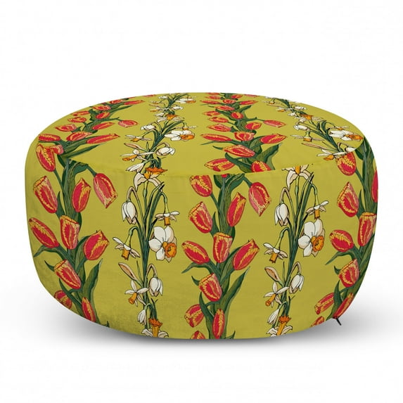 Floral Pouf Cover with Zipper, Vertical Strips of Tulips and Daffodils Leafy Botanical, Soft Decorative Fabric Unstuffed Case, 30" W X 17.3" L, Khaki Multicolor, by Ambesonne