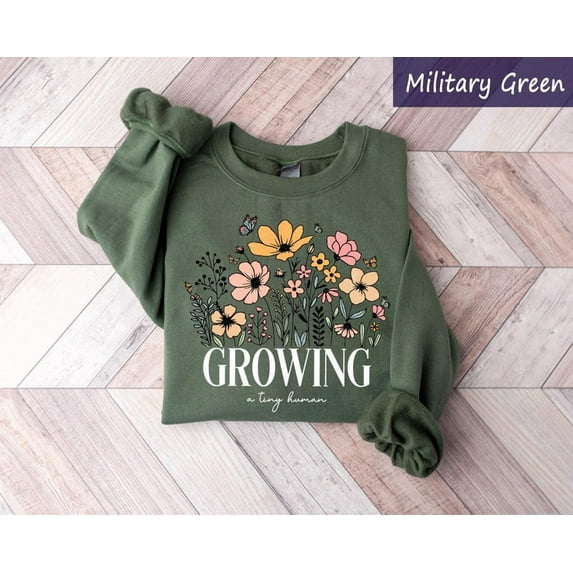 Floral Pregnancy Shirt, Growing Tiny Human, Maternity Sweatshirt, Wildflowers Pregnancy Announcement Tee, Expecting Mom Gift,Mom To Be Shirt