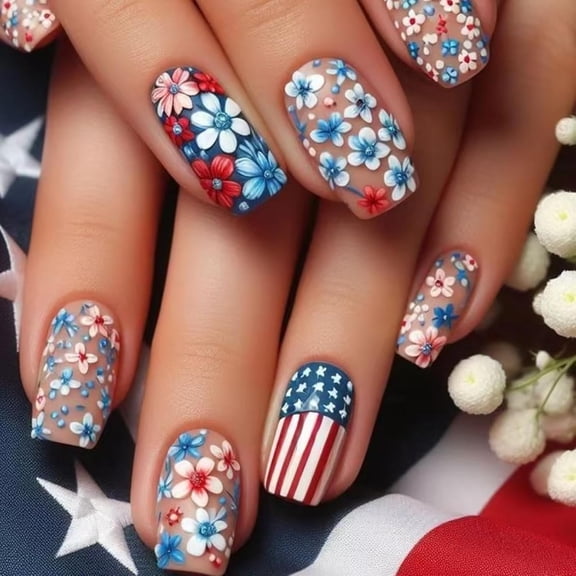 Floral Press on Nails French Tip Fake Nails with Pink Ombre Design 5D Stripe False Nails Medium Square Glue on Nails Spring Nail Acrylic Full Cover Glossy Stick on Nails for Women Manicure 24Pcs Pink
