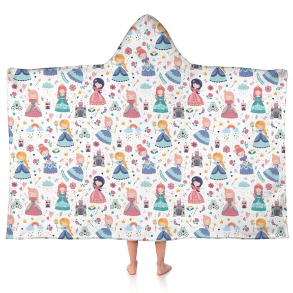 Floral Princess Pattern Hooded Bath Towel，50"x30" for Ages 3 To 12 Kids, Quick Dry Lightweight Soft Microfiber Hood Beach Towel Cover Up for Kids