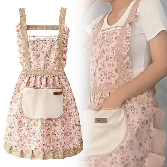 Floral Princess Ruffle Apron for Women with Pocket & Hand-Wipe Towel | Adjustable Canvas Kitchen Bib for Cooking, Baking, Crafting & Gardening | Cute Blue Chef Apron