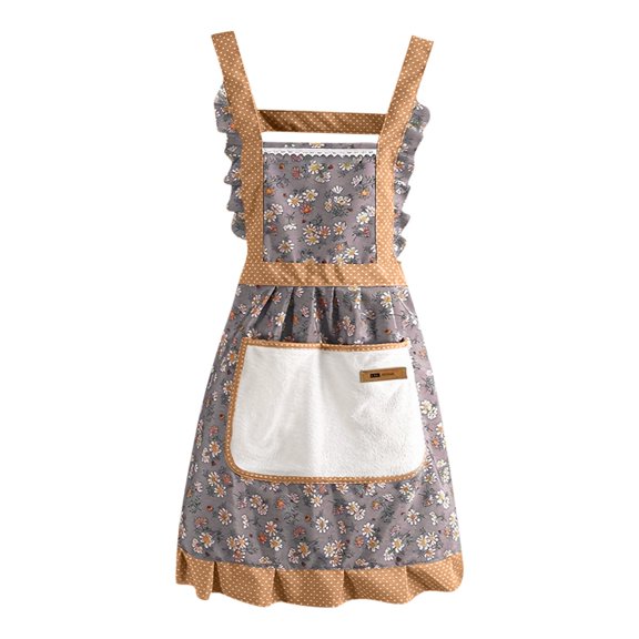 Floral Princess Ruffle Apron for Women with Pocket & Hand-Wipe Towel | Adjustable Canvas Kitchen Bib for Cooking, Baking, Crafting & Gardening | Cute Blue Chef Apron