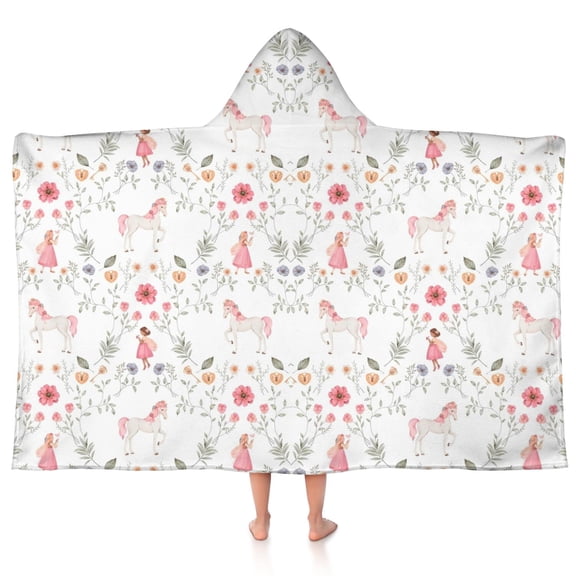 Floral Princess Unicorn Pattern Hooded Bath Towel,50"x30" for Ages 3 To 12 Kids, Quick Dry Lightweight Soft Microfiber Hood Beach Towel Cover Up for Kids