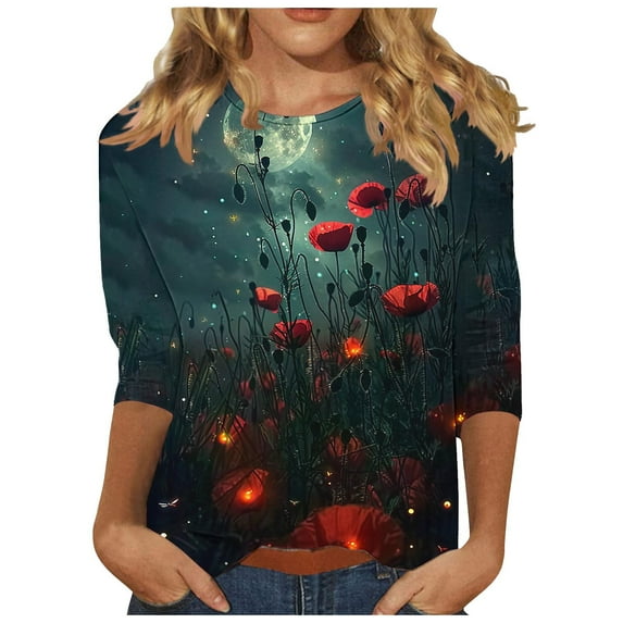 Floral Print 3/4 Sleeve Tops for Womens Summer Tshirts Casual Crewneck Shirts Fashion Basic Fit Tee