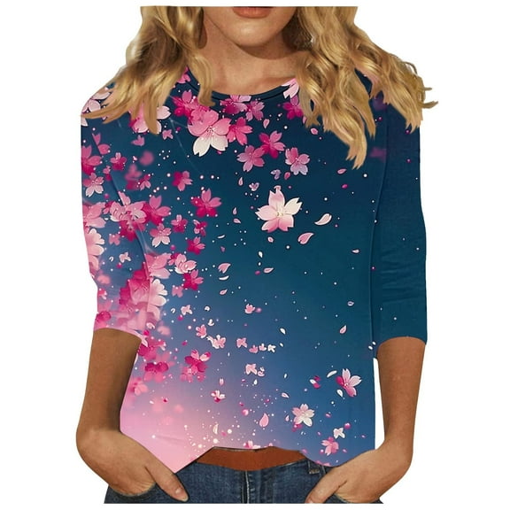Floral Print 3/4 Sleeve Tops for Womens Summer Tshirts Casual Crewneck Shirts Fashion Basic Fit Tee