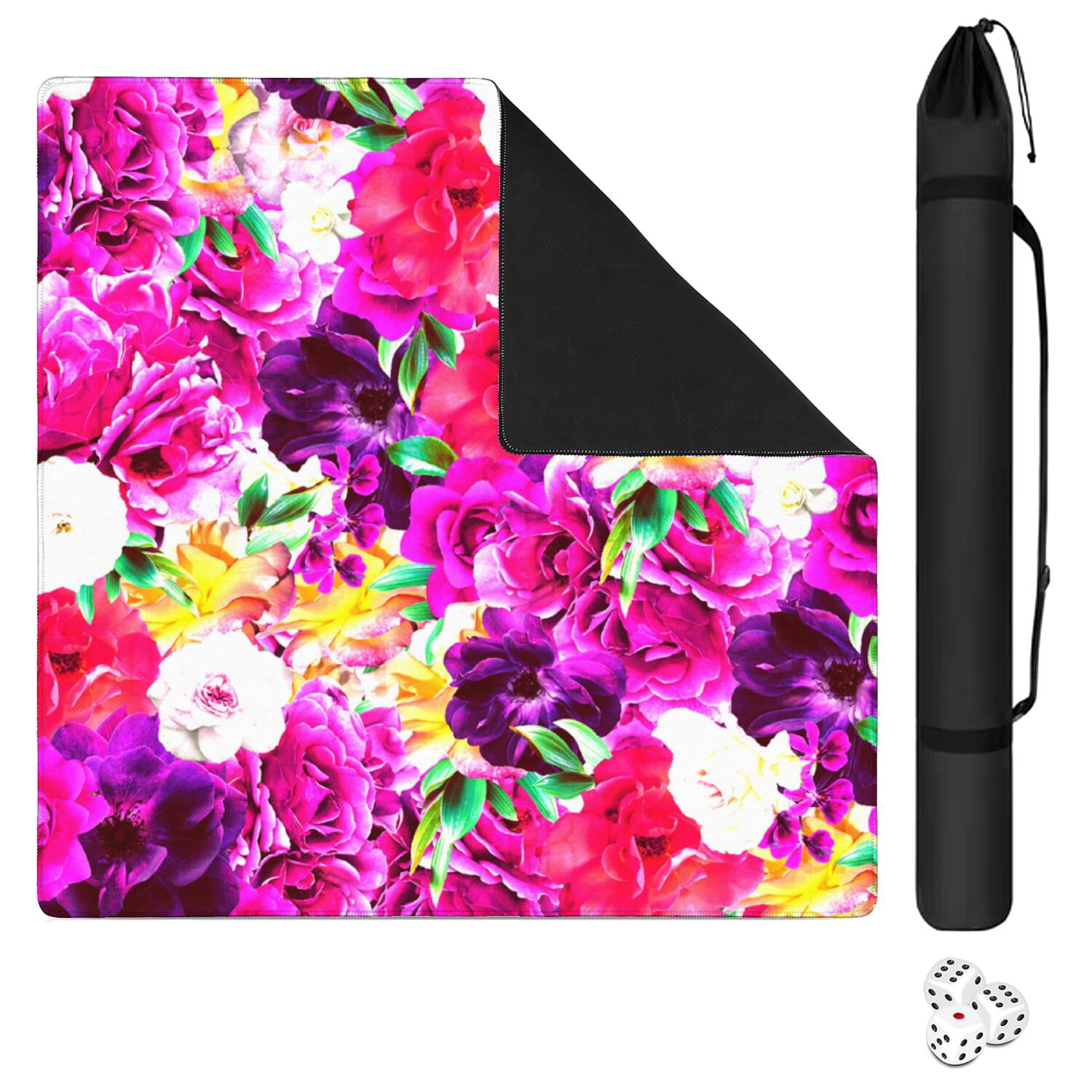 Floral Print 31.5x31.5 Inch Mahjong Table Mat Anti-Slip Rubber Surface Perfect for Game Night Includes Cards and Board Games