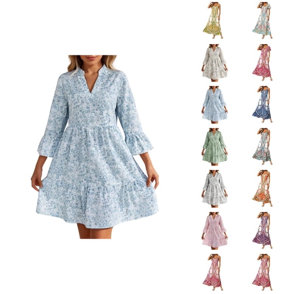 Floral Print A Line Dress With 3/4 Sleeves And Crew Neck For Casual Everyday Midi Dress With Flowy
