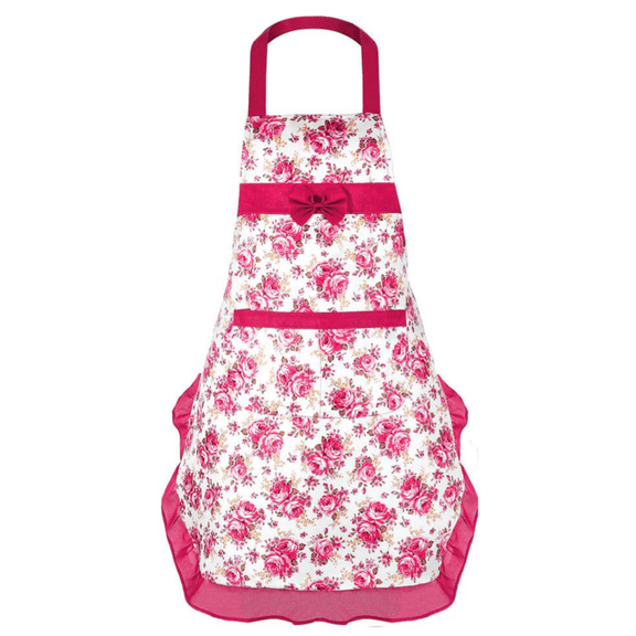 Floral Print Apron with Adjustable Neck Strap and Ruffle Trim for Cooking Baking and Kitchen Use Cotton Blend Material