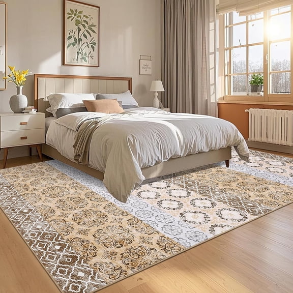 Floral Print Area Rugs 5x7 Non-Slip Farmhouse Throw Rugs, Stain-Resistant Oriental Accent Carpet, Non-Shedding Low Pile Floor Mat for Living Room, Bedroom, Office, Brown