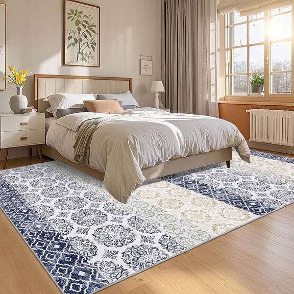 Floral Print Area Rugs 5x7 Non-Slip Farmhouse Throw Rugs, Stain-Resistant Oriental Accent Carpet, Non-Shedding Low Pile Floor Mat for Living Room, Bedroom, Office, Blue