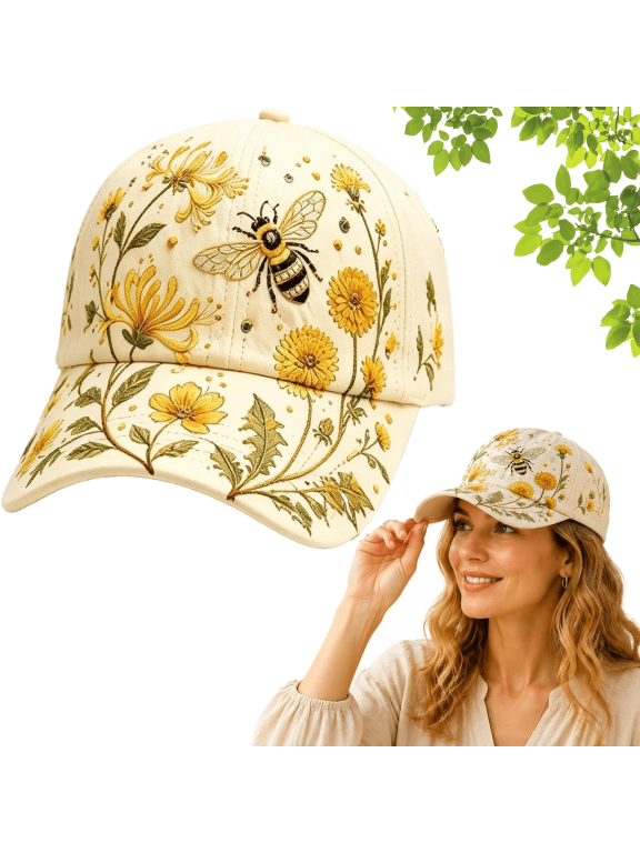 Floral Print Baseball Cap for Women, Garden Morning Cottagecore Bee and Bloom Hat, Adjustable and Breathable