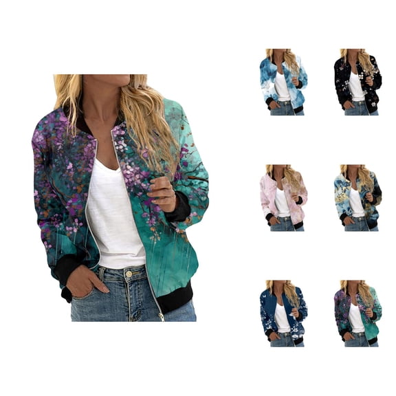 Floral Print Baseball Jacket for Women 2025 Fall Long Sleeve Lightweight Zip Up Casual Jackets Coat Outerwear