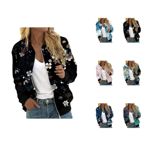 Floral Print Baseball Jacket for Women 2025 Fall Long Sleeve Lightweight Zip Up Casual Jackets Coat Outerwear