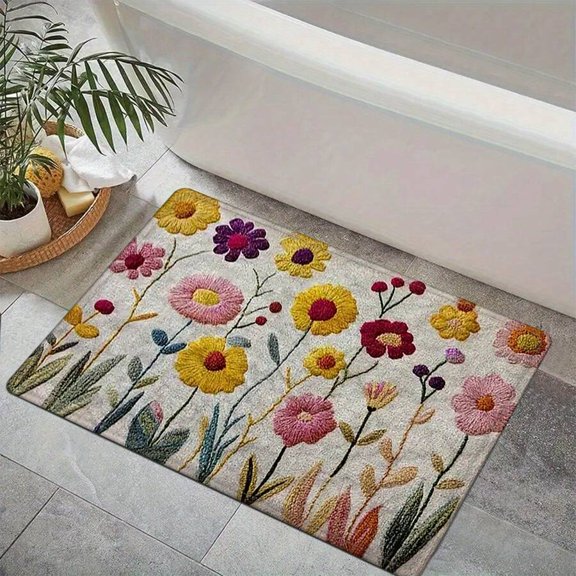 Floral Print Bath Mat - Multicolor Spring Design, Non-Slip, Machine Washable, 1 Piece