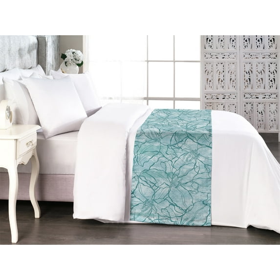 Floral Print Bed Runner, Outline Lily Flowers on Pastel Aquatic Colors and Hues Delicate Petals, Decorative Accent Bedding Scarf for Hotels Homes & Guest Rooms, King, Seafoam Pale Blue, by Ambesonne