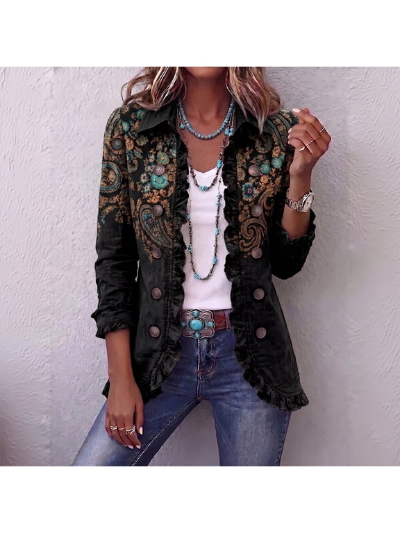 Floral Print Blazers for Women Vintage Ruffled Lapel Collar Long Sleeve Jacket Single Breasted Casual Western Daily Office Coat Black L
