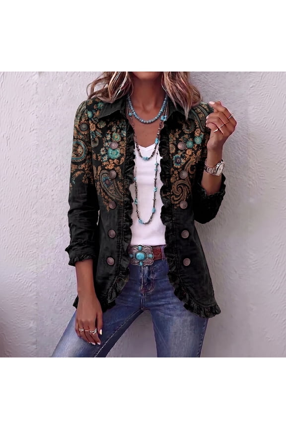 Floral Print Blazers for Women Vintage Ruffled Lapel Collar Long Sleeve Jacket Single Breasted Casual Western Daily Office Coat Black XL