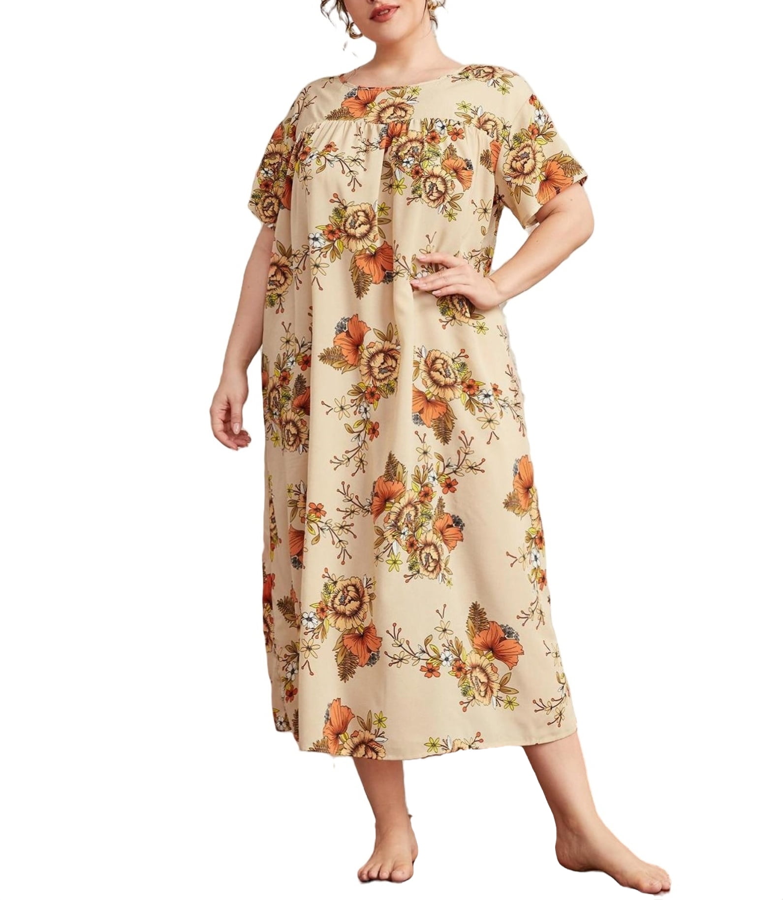 Floral Print Boat Neck Nightgowns Short Sleeve Multicolor Plus Size Nightgowns & Sleepshirts