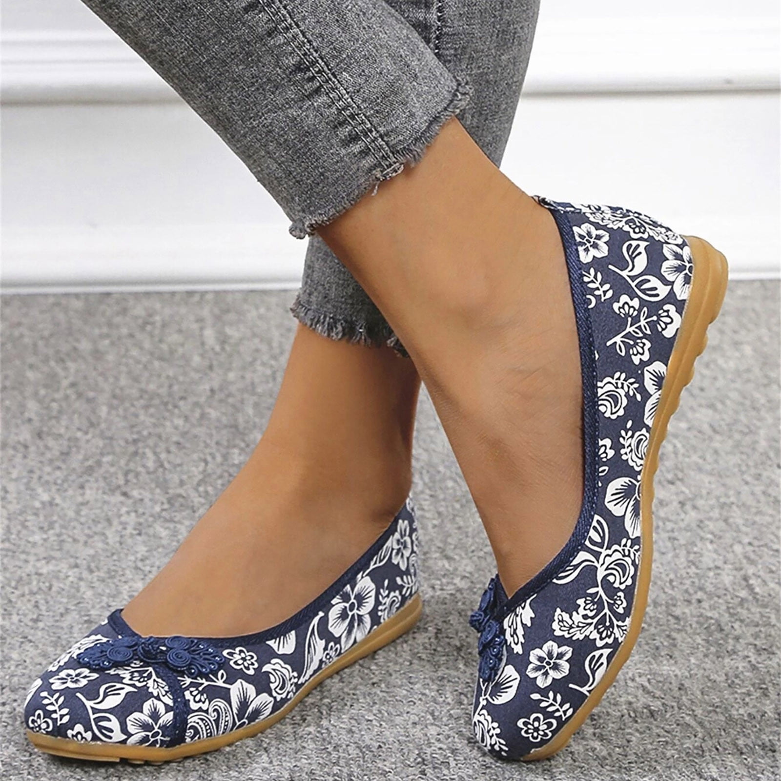 Floral Print Button Decor Ballet Flats For Women Slip On Shallow Mouth  Simple Single Shoes Casual Shoes Work Shoes Blue 6.5(37) 