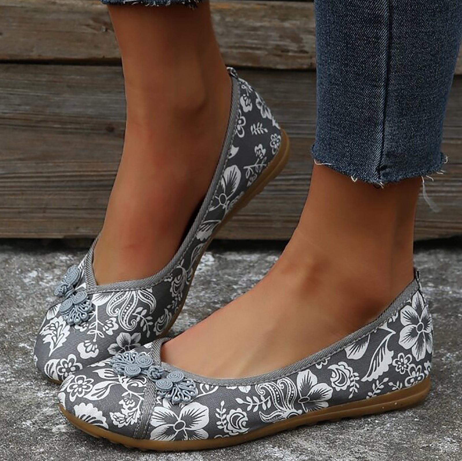 Floral Print Button Decor Ballet Flats For Women Slip On Shallow Mouth Simple Single Shoes Casual Shoes Work Shoes Grey 8 40