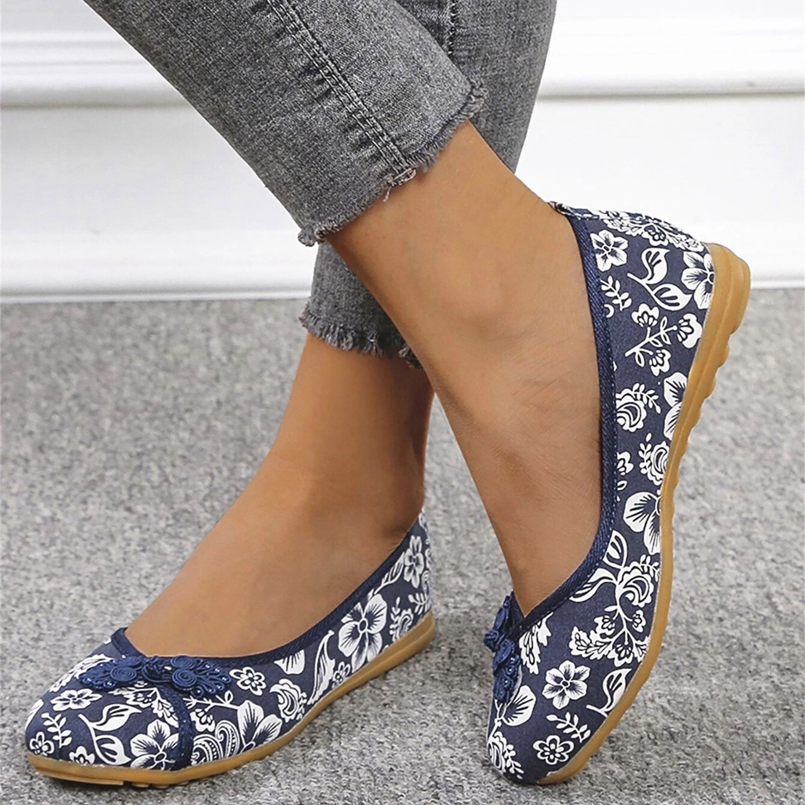 Floral Print Button Decor Ballet Flats For Women Slip On Shallow Mouth Simple Single Shoes Casual Shoes Work Shoes Walmart