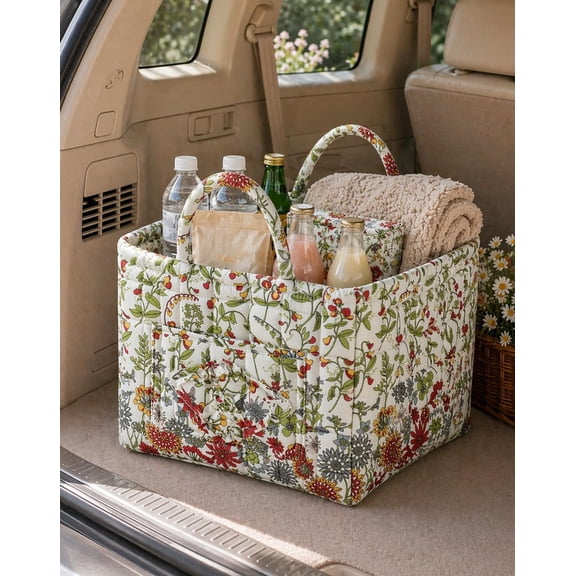 Floral Print Car Storage Tote Organizer ，Capacity Foldable Auto Storage Bin with Handles for Trunk, Back Seat & Road Trips (Style-J)