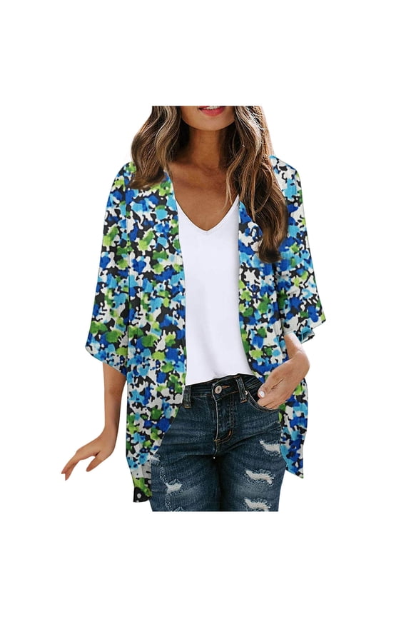 Floral Print Cardigan for Womens Trendy Lightweight Relaxed Fit Kimono Cover Ups Flowy Long Sleeve Sweaters Sun Protection 3/4 Sleeve Cardigans Summer Beach Vacation Tops