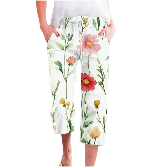 Floral Print Casual Capri Pants 2025 Women's High Waist Drawstring Capris Loose Straight Leg Pant Daily Loungewear