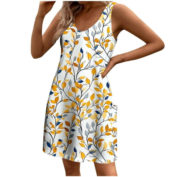 Floral Print Casual Tank Sundress for Women Funny Holiday Outing Beach Dress Sleeveless A-line Dresses with Pockets