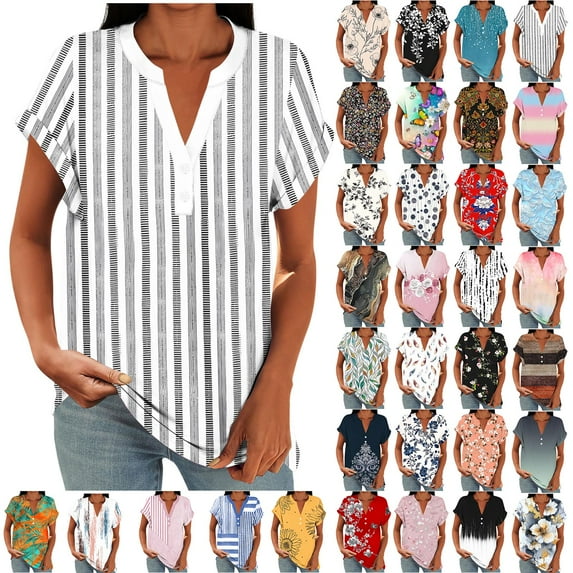 Floral Print Casual Tops for Women Summer Lightweight Elegant Tees Rolled Cuff Cap Short Sleeve Tops Button V Neck Ladies Work Tshirt Pink Tops,Size S-2XL