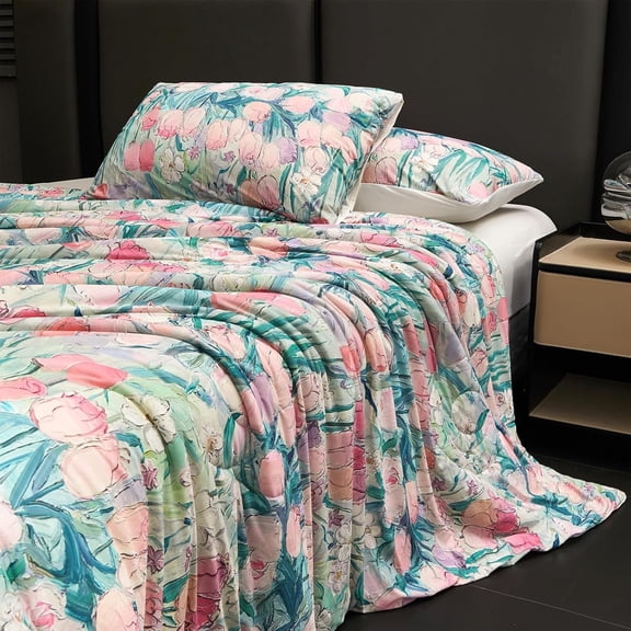 Floral Print Cooling Comforter Set 3 count Breathable Cool  Size Bedding Set with 2 Pillowcases    Silky Cold Quilt, 90"x90"
