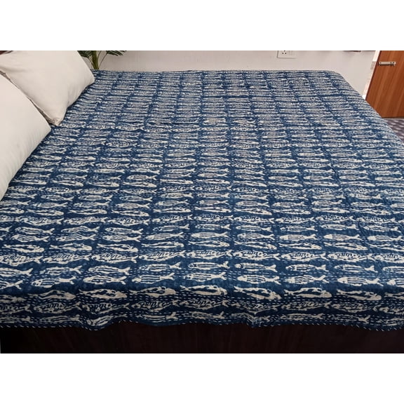 Fish Print Cotton Blue Kantha Quilt, Handmade Bedcover, King Size