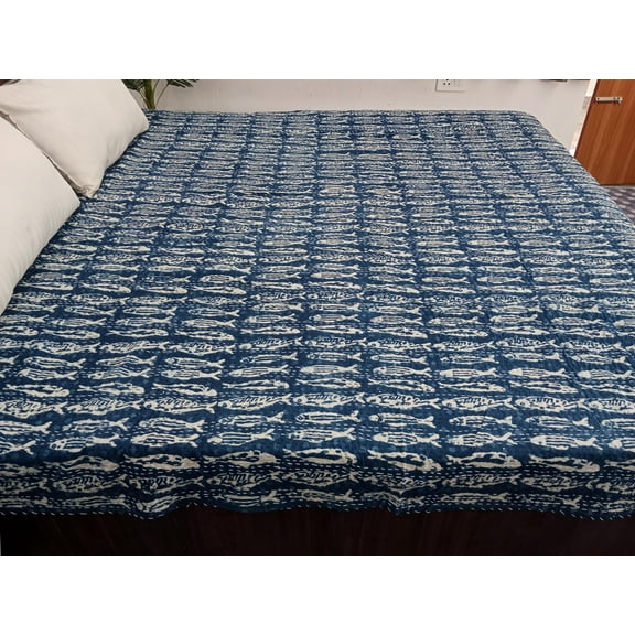 Floral Print Cotton Blue Kantha Quilt, Handmade Bedcover, Twin Size