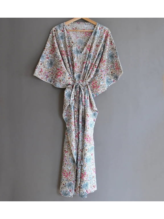 Floral Print Cotton Fabric Indian Kaftan Dress Long Top Caftan, Dress Beach Wear Cover up, Printed Sleepwear Maxi Dress Boho Kimono Robe