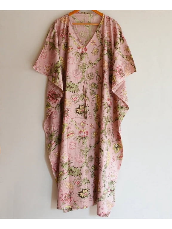 Floral Print Cotton Fabric Indian Kaftan Dress Long Top Caftan, Dress Beach Wear Cover up, Printed Sleepwear Maxi Dress Boho Kimono Robe