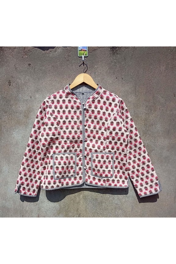 Floral Print Cotton Handmade Kantha Jacket, Womens Clothing Quilted Reversible Coat Kimono Indian Hand Printed Vintage Boho Vest Christmas Gift CQJ-03_XXL