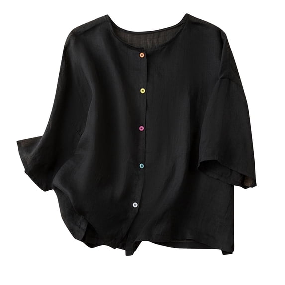 Floral Print Cotton Linen Shirts Women Button Down V Neck 3/4 Sleeve 2024 New Casual Loose Summer Fall Stylish Work Vacation Tops,Black,M